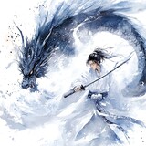 Watercolor Illustration of a Samurai Warrior Facing a Dragon.