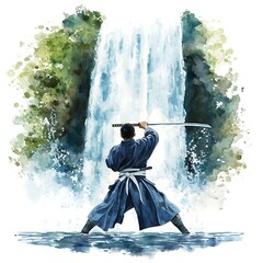 Sticker - Samurai warrior standing in front of a waterfall.