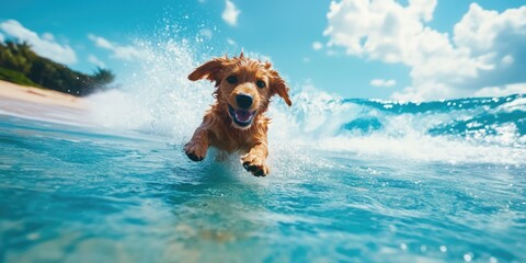 A happy yellow lab running into the ocean, full of energy and joy.