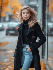 Poster - a 35 old woman walking on the street, autumn outside. woman is with wavy wheat-colored hair, light eyes.