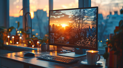 Poster - A computer screen and on one side of the screen see the reflection of the outside, in the background a cup of coffee on a desk, daytime ambient lights.