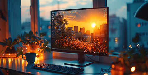 Poster - A computer screen and on one side of the screen see the reflection of the outside, in the background a cup of coffee on a desk, daytime ambient lights.
