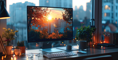 Poster - A computer screen and on one side of the screen see the reflection of the outside, in the background a cup of coffee on a desk, daytime ambient lights.