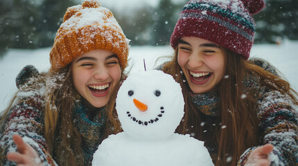 Two young girls laugh and pose with a snowman they have built together, surrounded by a beautiful winter wonderland with falling snowflakes.