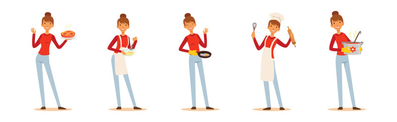 Sticker - Woman Character Cooking at Home Enjoy Culinary Process Vector Set