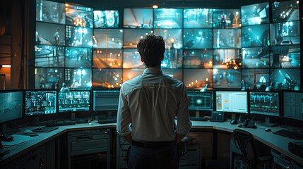 Fototapete - A high-tech security control room with multiple screens displaying live footage from different parts of the facility, guards in white shirts is working.