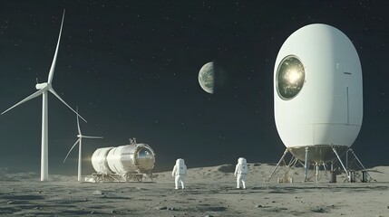 Aufkleber - Futuristic wind farm on the surface of the moon with giant turbines harnessing the powerful space winds to generate clean