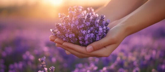 Canvas Print - Close-up of a woman's hands holding a bunch of lavender flowers in a field at sunset.