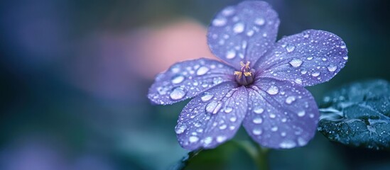 Wall Mural - Close-up of a delicate purple flower covered in water droplets.