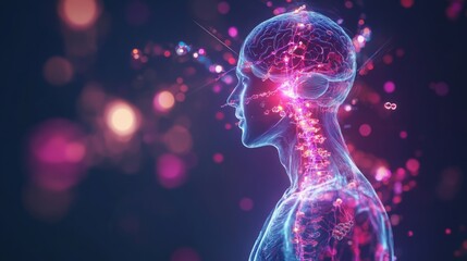 Poster - A digital illustration of a human figure in profile, with the brain and spinal cord highlighted in bright blue and pink. The background is dark blue with pink and orange out-of-focus lights.
