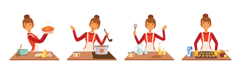 Canvas Print - Woman Character Cooking at Home Enjoy Culinary Process Vector Set