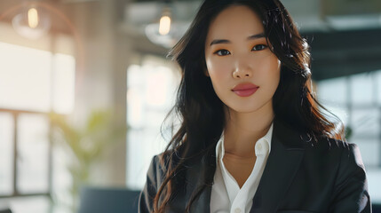 Beautiful Asian woman in a formal suit, businesswoman. Neural network AI generated art