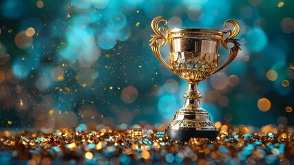 Wall Mural - golden trophy award bokeh soft blue background