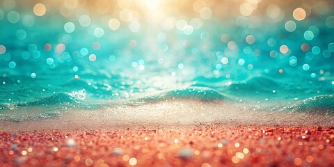 Sunlit waves gently crashing on a shimmering beach with a mesmerizing bokeh effect