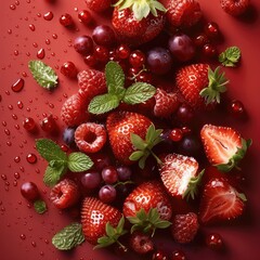 Canvas Print - Mix between red grape and red berries and strawberries on a red background, with fresh slices of grape spreading around