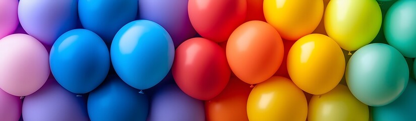 Colorful helium balloons in various shades arranged in a vibrant display for a festive celebration or party decoration. Banner, wallpaper or backdrop.