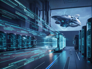 Wall Mural - Futuristic Data Hub with Hovering Spacecraft