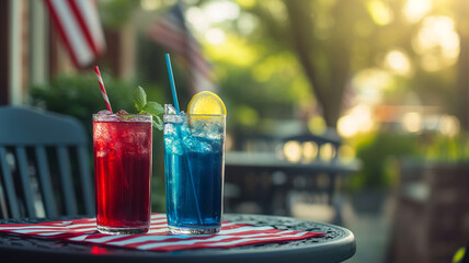 Refreshing summer cocktails set against a charming outdoor café in the evening light