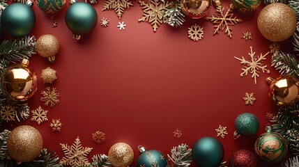 A flat lay of green and gold Christmas decorations, with glittering baubles, golden tinsel, and delicate snowflakes artfully scattered on a bright red background. copy space in the middle for text.