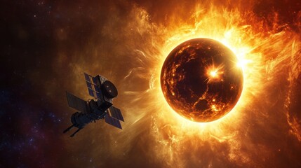 Canvas Print - an artistic rendering of a satellite capturing images of a solar eclipse from space, with the sun an