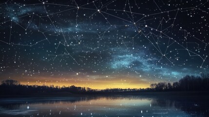 Wall Mural - an artistic representation of a star chart overlaid on a stunning view of the night sky, highlightin
