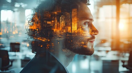 A Man's Profile with an Overlaid Cityscape at Night