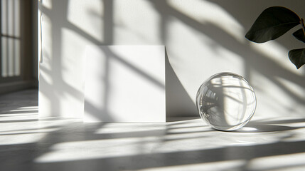 Wall Mural - Sunlit Glass Sphere and White Square With Plant Shadow in Clean Modern Space