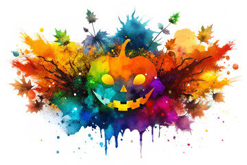 Wall Mural - A jack-o'-lantern sits in the middle of a lively burst of colorful watercolor paint splashes on transparent. The pumpkin has a cheeky smile, with its eyes and teeth shining with a spooky glow. 