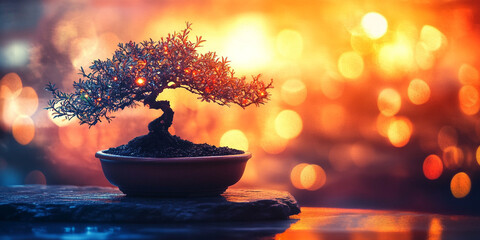 Artistic Bonsai Tree with Glowing Bokeh