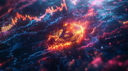 Wall Mural - bitcoin symbol glowing in a digital landscape