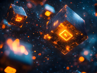 Wall Mural - futuristic digital cubes floating in space, glowing with neon light against a cosmic backdrop.