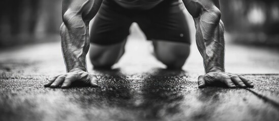 Sticker - Close-up of a muscular man's hands on the ground, with his legs out of focus in the background.