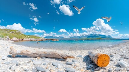 Dramatic rocky beach with weathered driftwood and seagulls soaring overhead against a moody sky  Serene coastal landscape with a natural atmospheric feel