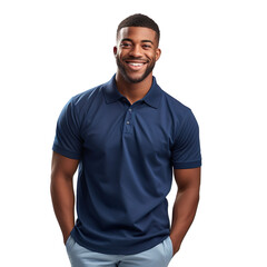 a Man Wearing an Indigo Blue Polo Shirt isolated on transparent background