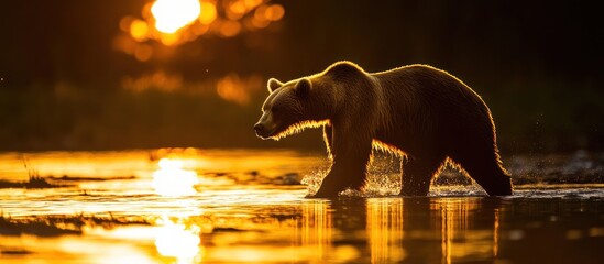 Poster - Silhouette of a brown bear walking through a river at sunset.