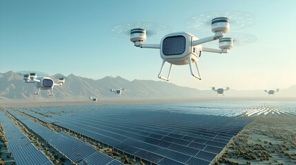 Leinwandbilder - Futuristic cityscape with autonomous drones flying above harvesting solar energy from the skies and beaming it to ground based batteries