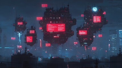 Poster - Glowing Abstract City Skyline at Night with Colorful Text Bubbles and Notifications Lighting Up the Urban Landscape Like Shimmering Windows