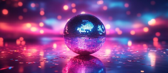 A disco ball sits on a reflective surface with pink and blue lights creating a bokeh effect in the background.