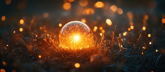 Poster - A glowing orb sits on the grass with a soft, warm light emitting from its center. The surrounding grass is out of focus and appears to be in a dark forest.