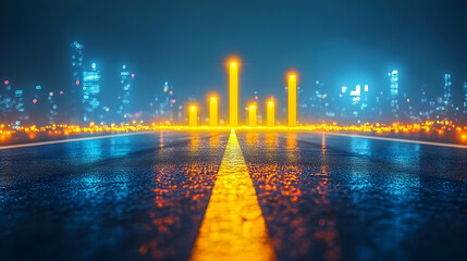Wall Mural - Illuminated city road at night with glowing lights and a wet surface reflecting the urban skyline.