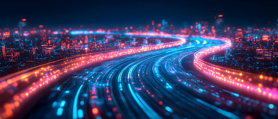 Wall Mural - A vibrant cityscape with illuminated roads and neon lights representing technology and urban life.