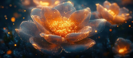 Sticker - A close-up of a glowing flower with a soft focus and sparkling particles.