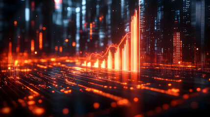 Wall Mural - abstract digital background with glowing data visualization and statistics graph in red and orange t
