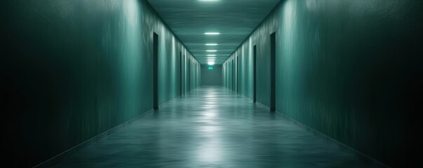 a long, dimly lit corridor with green walls and doors, creating an atmosphere of mystery and anticip