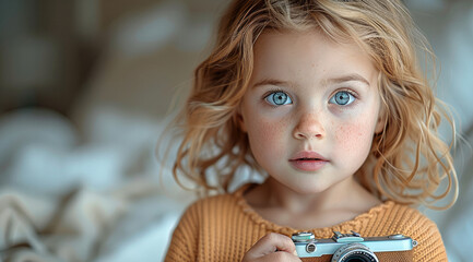 Sticker - Portrait of a child with a curious expression, holding a toy camera.