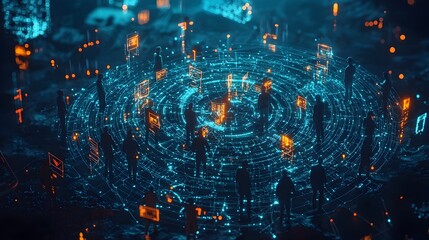 Fototapete - of people in a circle formation connected by glowing digital lines symbolizing their collaborative interactions and relationships within a technology driven networked community