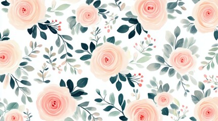 Canvas Print - Elegant Watercolor Floral Pattern with Pastel Roses and Greenery