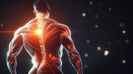 Aufkleber - A muscular figure is depicted from the back, showcasing an illuminated spine that radiates light. The dark background enhances the dramatic effect of the muscle definition and glowing anatomy.