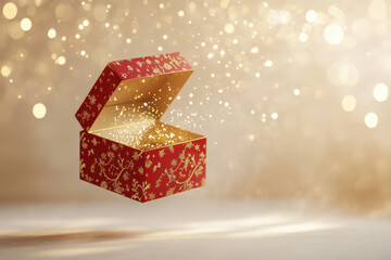 Wall Mural - opened red gift box floating and opening with golden sparkles coming out on a gold bokeh background