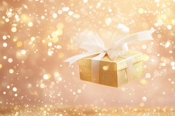 Wall Mural - golden gift box with a white satin bow is floating on a sparkling background